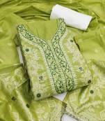 green weaved silk blend  blend unstitched dress material 