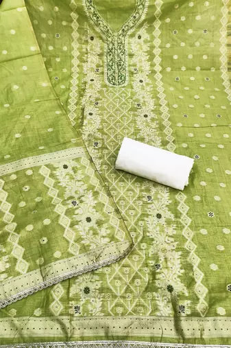 green weaved silk blend  blend unstitched dress material 