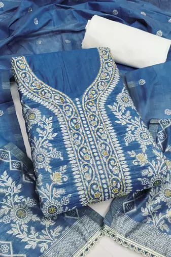 blue weaved silk blend  blend unstitched dress material 