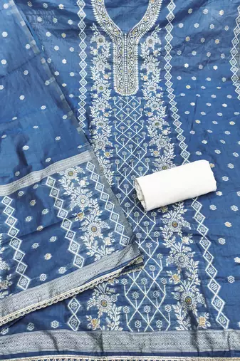 blue weaved silk blend  blend unstitched dress material 