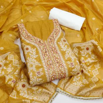 yellow  weaved silk blend  blend unstitched dress material  1