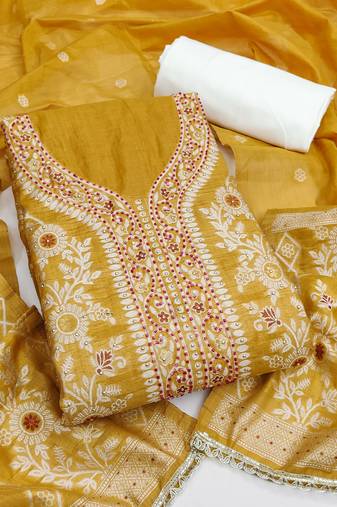 yellow  weaved silk blend  blend unstitched dress material 