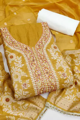 yellow  weaved silk blend  blend unstitched dress material 