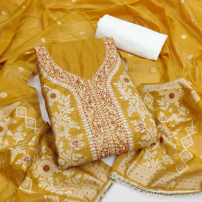 yellow  weaved silk blend  blend unstitched dress material 