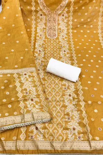 yellow  weaved silk blend  blend unstitched dress material 