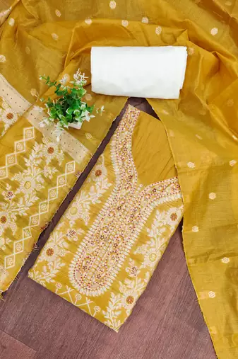 yellow  weaved silk blend  blend unstitched dress material 