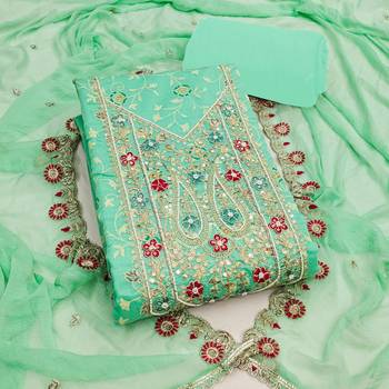 sea green embroidered modal cotton unstitched dress material  1