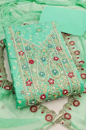 sea green embroidered modal cotton unstitched dress material 