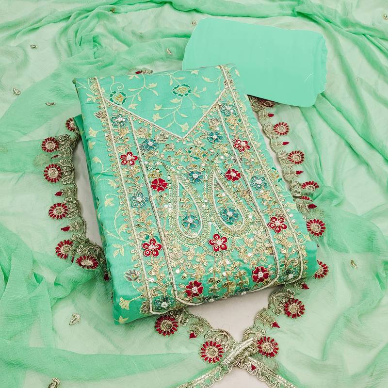sea green embroidered modal cotton unstitched dress material 