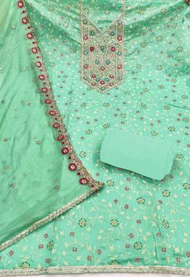 sea green embroidered modal cotton unstitched dress material  2