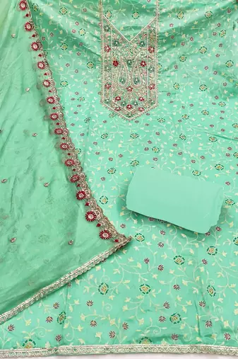 sea green embroidered modal cotton unstitched dress material 