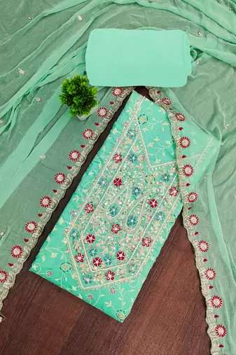 sea green embroidered modal cotton unstitched dress material 