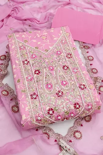 pink embroidered modal cotton unstitched dress material 
