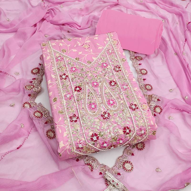 pink embroidered modal cotton unstitched dress material 