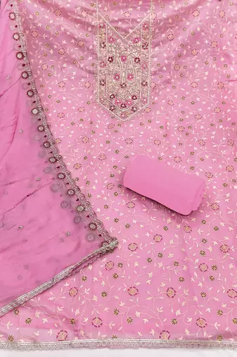 pink embroidered modal cotton unstitched dress material 