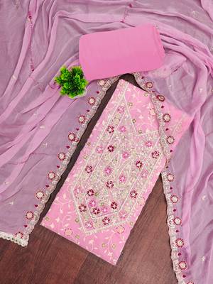 pink embroidered modal cotton unstitched dress material  4