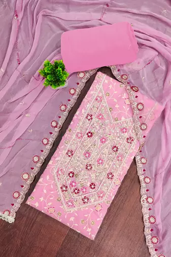 pink embroidered modal cotton unstitched dress material 
