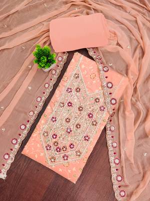peach embroidered modal cotton unstitched dress material  4