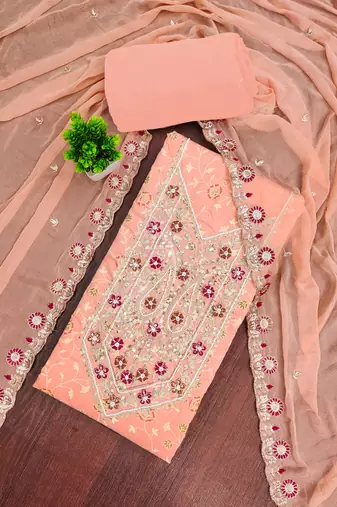 peach embroidered modal cotton unstitched dress material 
