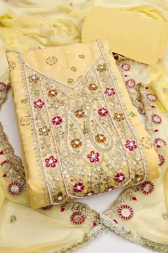 yellow  embroidered modal cotton unstitched dress material 