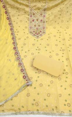 yellow  embroidered modal cotton unstitched dress material  2