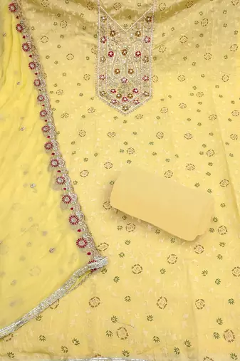 yellow  embroidered modal cotton unstitched dress material 