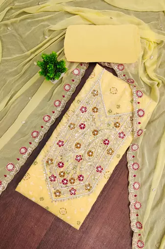 yellow  embroidered modal cotton unstitched dress material 