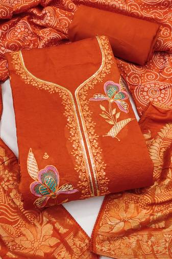 rust embroidered georgette viscose unstitched dress material 