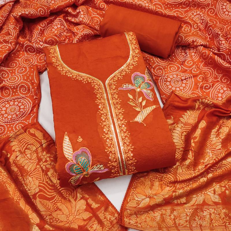 rust embroidered georgette viscose unstitched dress material 