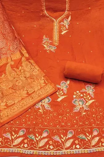 rust embroidered georgette viscose unstitched dress material 