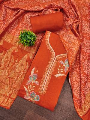 rust embroidered georgette viscose unstitched dress material  4
