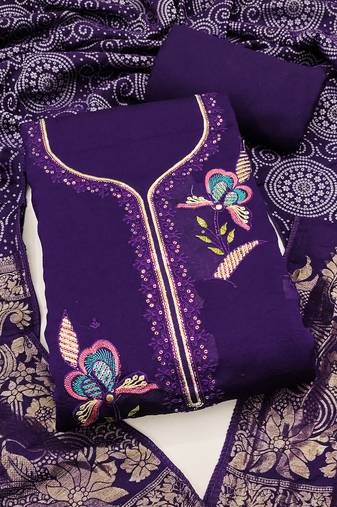purple embroidered georgette viscose unstitched dress material 