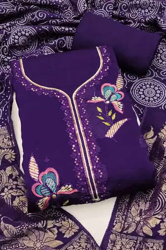 purple embroidered georgette viscose unstitched dress material 