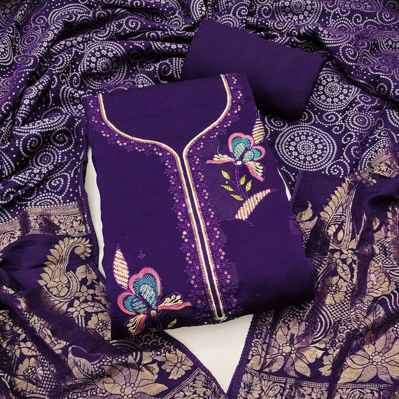 purple embroidered georgette viscose unstitched dress material 
