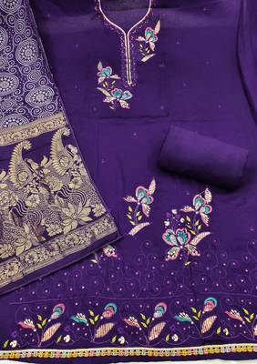 purple embroidered georgette viscose unstitched dress material  2