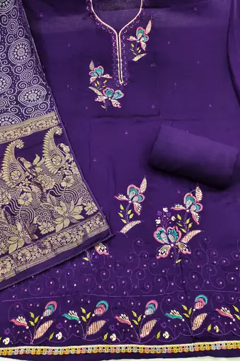 purple embroidered georgette viscose unstitched dress material 