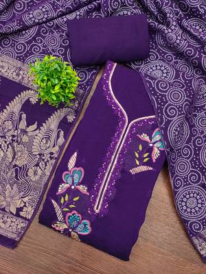 purple embroidered georgette viscose unstitched dress material  4