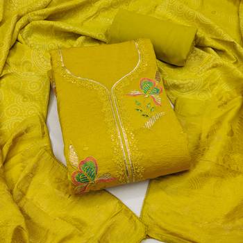 yellow embroidered georgette viscose unstitched dress material  1