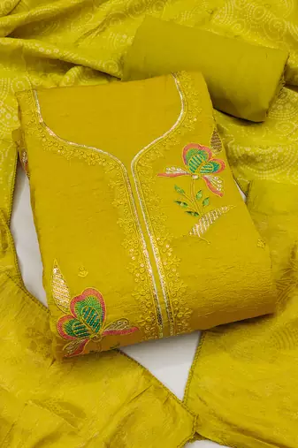 yellow embroidered georgette viscose unstitched dress material 