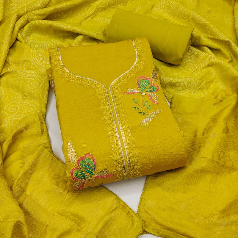 yellow embroidered georgette viscose unstitched dress material 