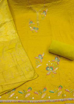 yellow embroidered georgette viscose unstitched dress material  2