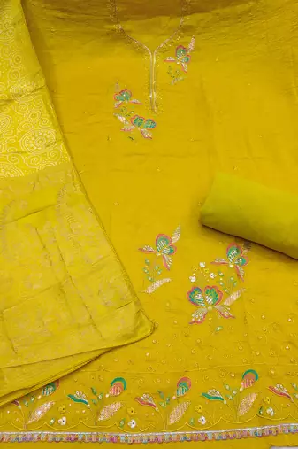 yellow embroidered georgette viscose unstitched dress material 