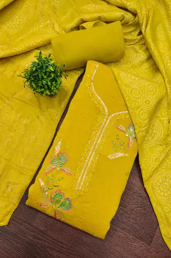 yellow embroidered georgette viscose unstitched dress material 