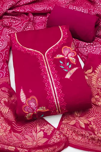 magenta embroidered georgette viscose unstitched dress material 