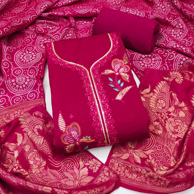 magenta embroidered georgette viscose unstitched dress material 