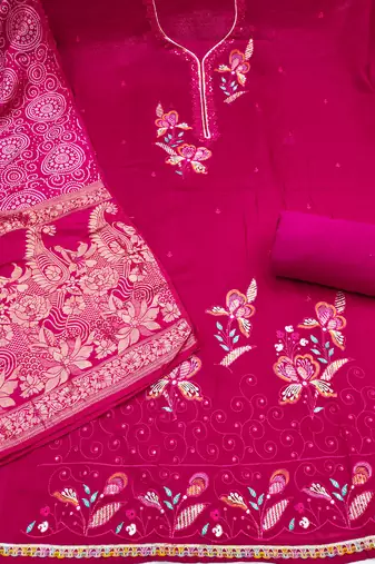 magenta embroidered georgette viscose unstitched dress material 