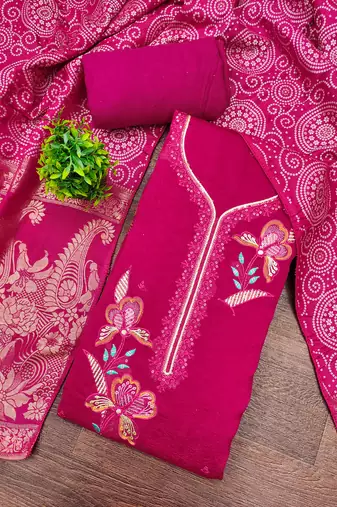 magenta embroidered georgette viscose unstitched dress material 
