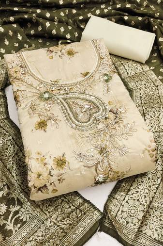 beige printed banarasi modal silk blend unstitched dress material 