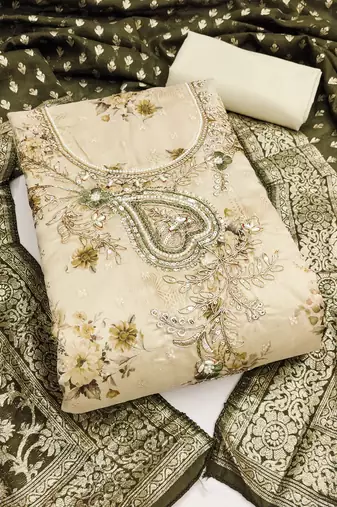 beige printed banarasi modal silk blend unstitched dress material 