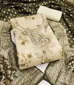 beige printed banarasi modal silk blend unstitched dress material 